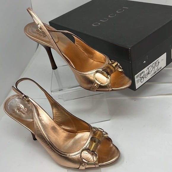 Gucci Sz 7 B Rosegold Rose Gold Leather Slingback Bamboo Horse Bit Heels - Picture 4 of 12